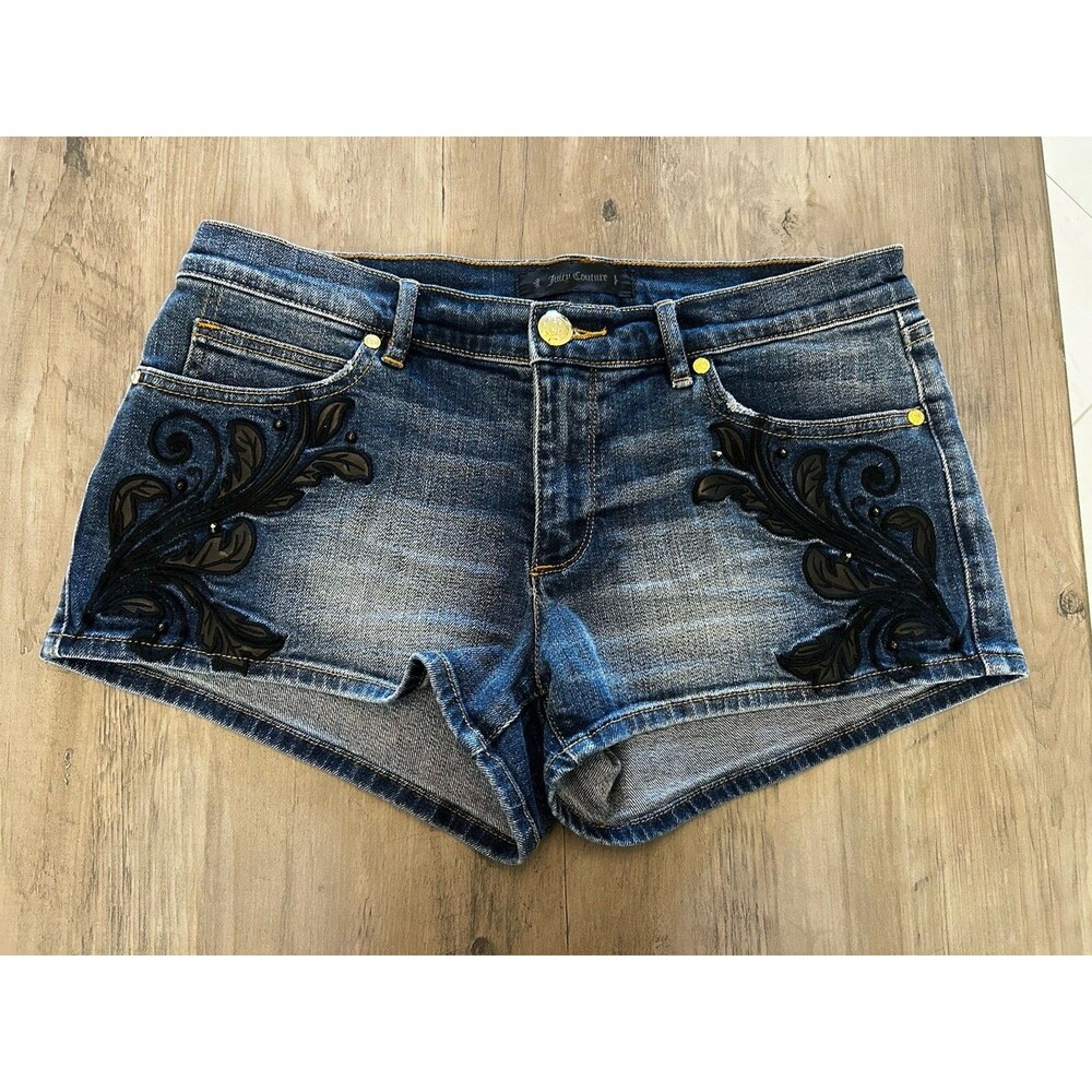 Y2K Juicy Couture Blue Black Floral Denim Shorts Size 28
